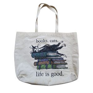 Edward Gorey Books Cats Life Is Good Canvas Tote Bag Crunchy Cat Lady STAINED